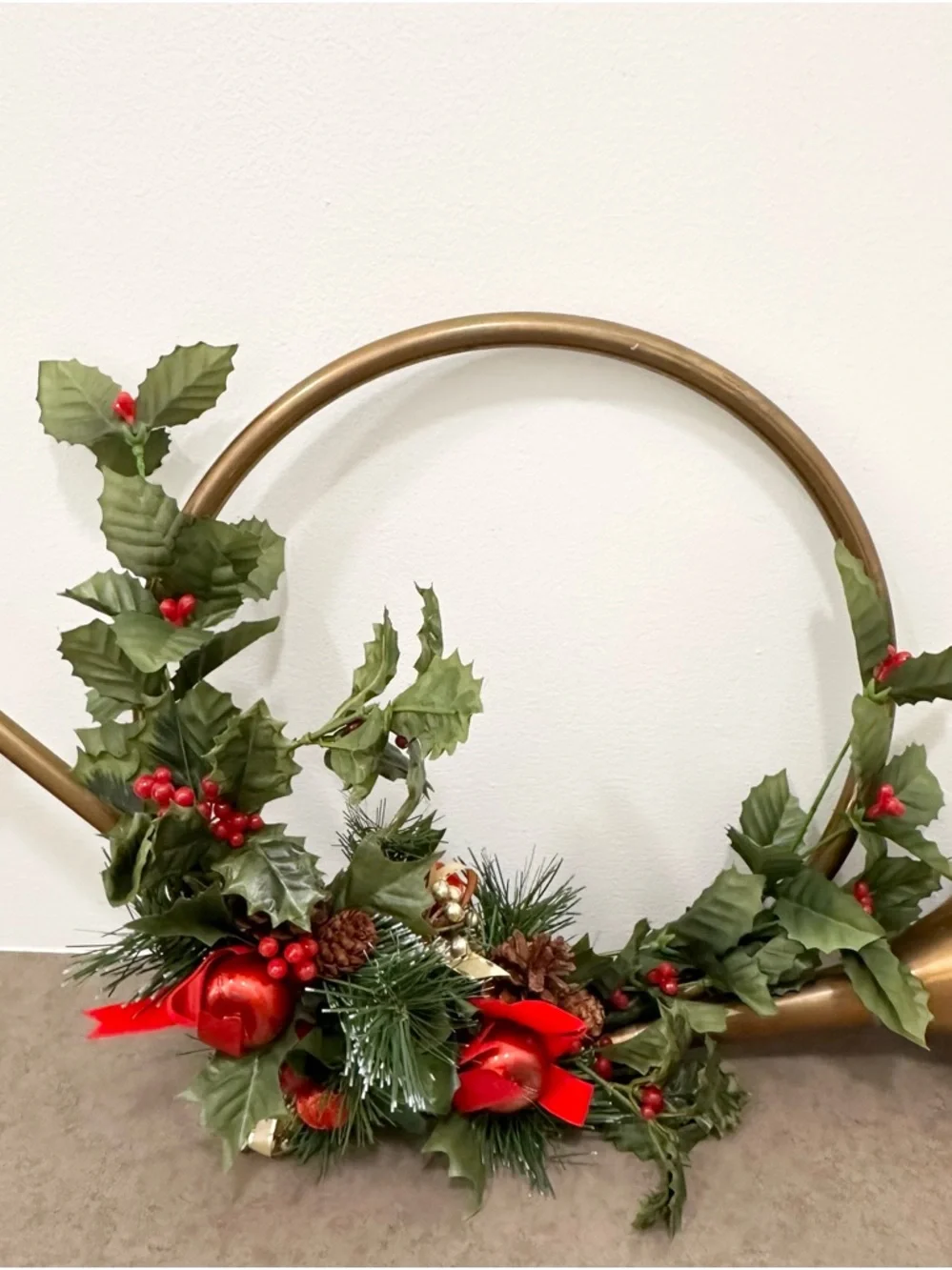 Large Holiday Brass French Horn Wreath Holly Berry Pine Accents Christmas Wreath
